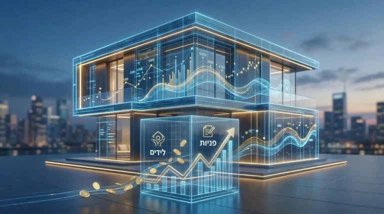 הדמיה של נכס דיגיטלי מניב בדמות בית מודרני עם גרפים של לידים ופניות - פיק מדיה