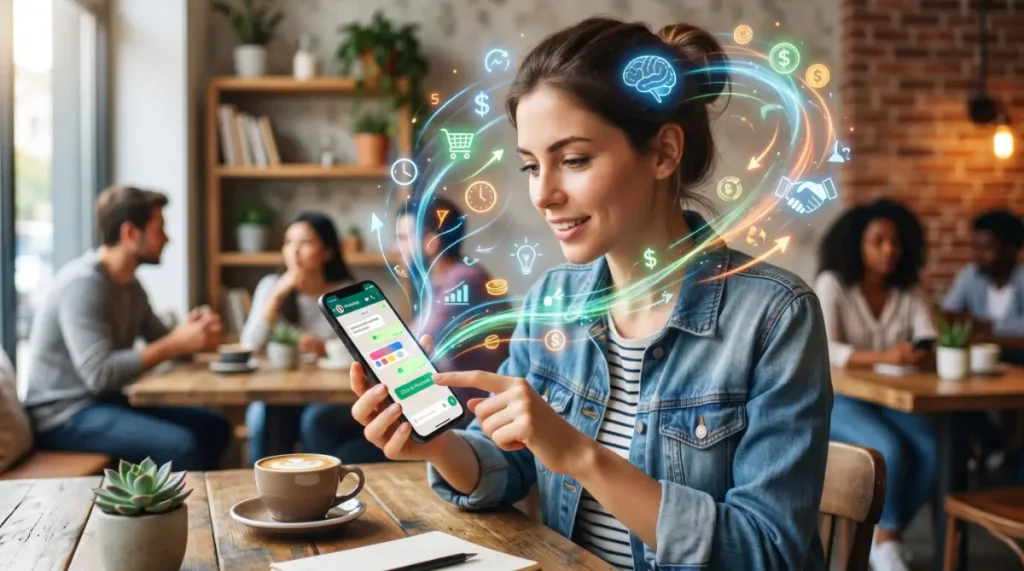 אישה לוחצת על טלפון בשיחת ווטסאפ ומסביב אילוסטרציות של אלמנטים שמשפיעים על המוח האנושי בשיחה כזו